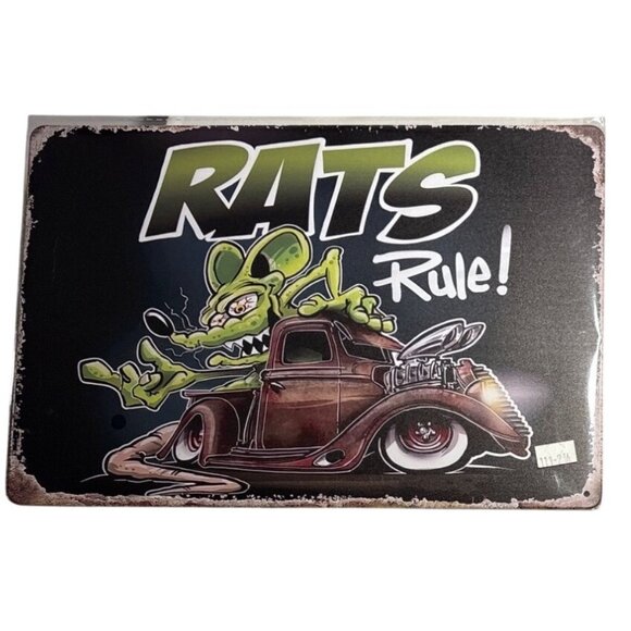 Rats Rule Metal Tin Sign With Vintage Car Graphic Rat Fink Reproduction - Picture 1 of 5
